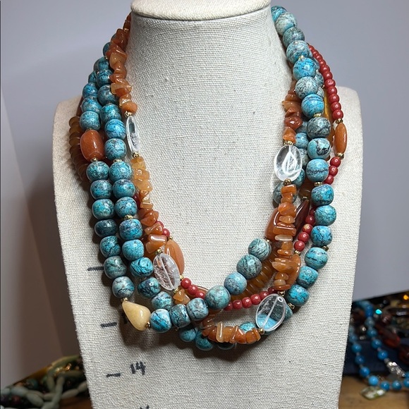 Blue and Red Multi-Strand Necklace with Natural Stones - Picture 2 of 6
